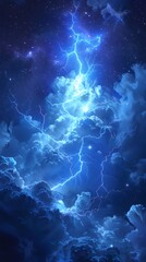 Poster - Mesmerizing Blue Lightning Piercing Through Dramatic Starry Night Sky Backdrop