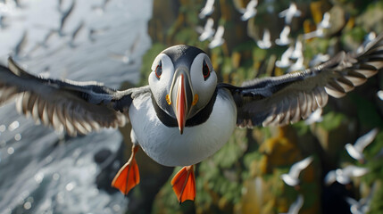 Wall Mural - Close up of Atlantic puffin in flight