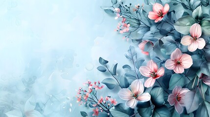 Canvas Print - Romantic Watercolor Floral Border on Ethereal Light Blue Background in Cinematic 3D Render Style