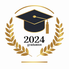 Class of 2024 emblem, graduation cap with laurel wreath in gold color. White clean background. Generative AI