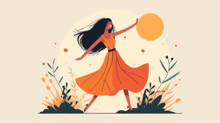 Poster - A woman in an orange dress is holding a frisbee, AI