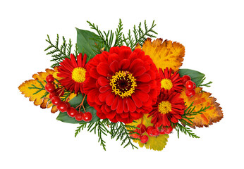 Wall Mural - autumn composithion with zinnia, chrysanthemum flowers, berries and seasonal leaves isolated on whit