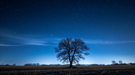 a tree in the middle of an open field at night with stars and blue sky