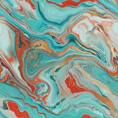 Wall Mural - Abstract Marbled Acrylic Painting in Vibrant Turquoise and Orange Hues