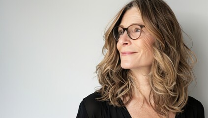 Wall Mural - Attractive, confident middle aged woman with glasses looking to the side and smiling softly against a clean white background.