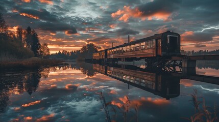 Poster - a train traveling over a bridge over a river under a cloudy sky with a sunset