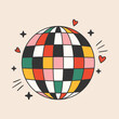 © Olga - Abstract colorful disco ball with starts and hearts decorations. Geometric mirror decor for party celebration. Dance sphere in 70s style. Fun vector illustration