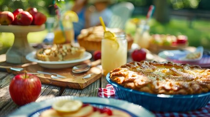 Wall Mural - classic american cookout fare on picnic table with apple pie and lemonade softfocus guests enjoying memorial day or independence day celebration