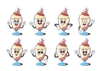 Wall Mural - cartoon ice cream characters with various facial expressions. retro groovy summer dessert personage 