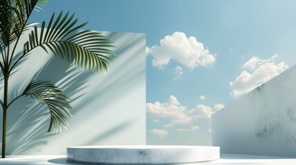 Wall Mural - product display empty 3d wall podium with green palm leaf branch and shadow
