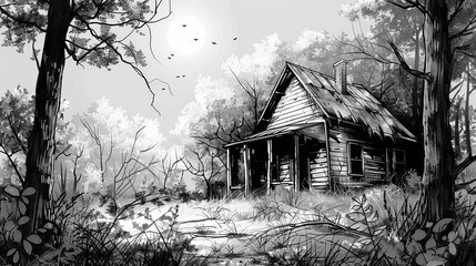 Wall Mural - eerie abandoned shack in the woods black and white sketch illustration