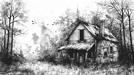 Wall Mural - eerie abandoned shack in the woods black and white sketch illustration