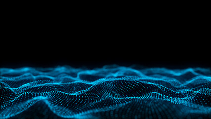 Wall Mural - Abstract wave with blue light on black background. Science background with moving dots. Network connection technology. Digital structure with particles. 3d rendering.