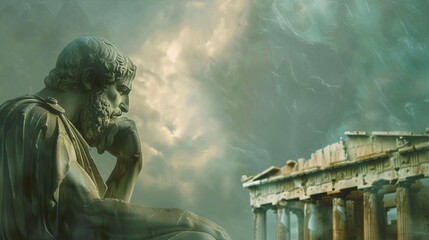 greek philosopher statue deep in thought ancient wisdom blurred parthenon background digital painting