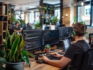 Team of developers coding in an open-plan office, multiple screens and gadgets, collaborative and high-tech environment