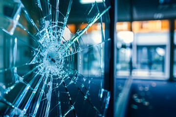 Close up view of shattered glass in office window vandalism or accident concept