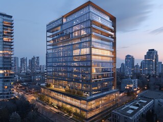 Aerial view of a corporate office building at dusk, illuminated windows, city skyline in the background, modern and sophisticated look