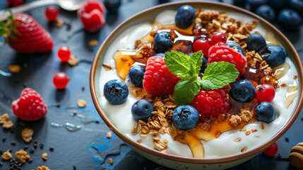 Wall Mural - A delicious yogurt bowl topped with fresh raspberries,  blueberries, granola and mint leaves, creating a perfect balance of flavors and textures.
