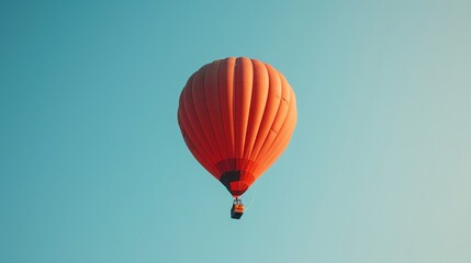 orange hot air balloon floating in the blue sky. the balloon is in the frame's center and surrounded