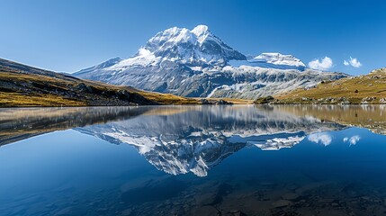 Canvas Print - A beautiful landscape image of a mountain range reflecting in a calm lake. The water is crystal clear and reflects the mountains in perfect detail.