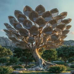 Futuristic Solar Tree Sculpture in Natural Mountain Park Setting