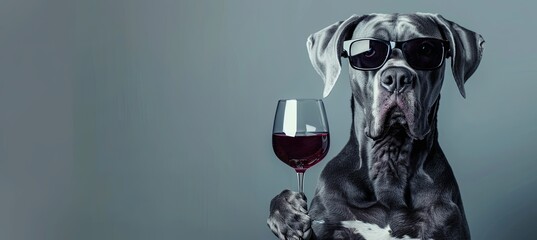 Canvas Print - dog dane wearing sunglasses and holding a glass of red wine, pastel background banner