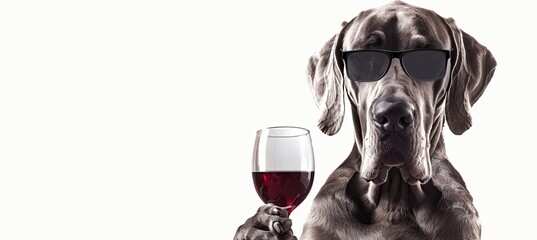 Canvas Print - dog dane wearing sunglasses and holding a glass of red wine, pastel background banner