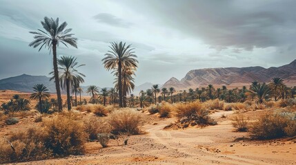 Wall Mural - sahara oasis landscape under overcast skies wide angle photograph with muted tones