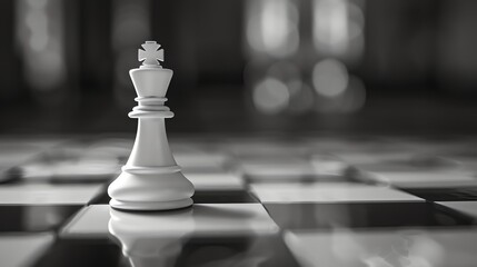 Canvas Print - 3D rendering of a white chess king on a chessboard. The focus is on the king. The background is blurred.