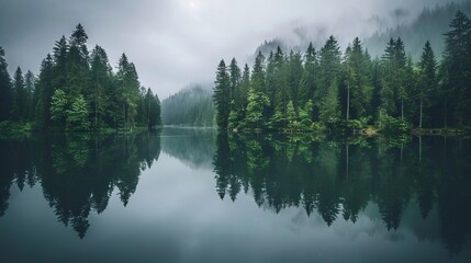 Wall Mural - serene forest lake reflecting towering trees and cloudy sky landscape photography