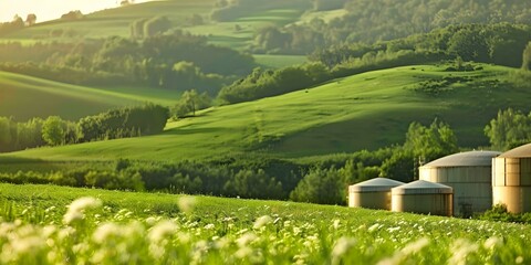 Wall Mural - Ecofriendly biofuel storage tanks in a green meadow at a factory. Concept Ecofriendly Storage Tanks, Green Meadow, Factory Setting, Biofuel Technology