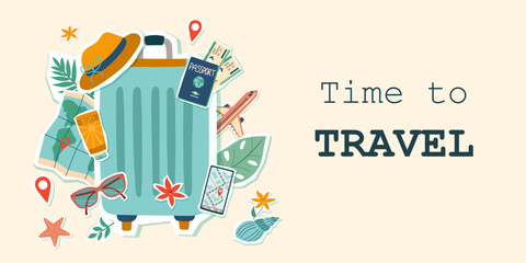 Wall Mural - Travel concept. Travel summer banner with suitcase and accessories for trip. Illustration in flat style.