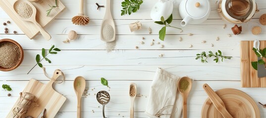 Poster - Eco-Conscious Kitchenware on Pristine White Wooden Background