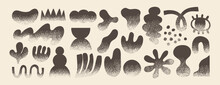 Doodle abstract shapes. Naive elements with noisy texture. Hand drawn nature creative figure, grunge brushes. Black geometry silhouette. Trendy quirky graphic shape. Vector set