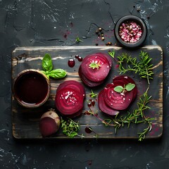 Poster - A stylish arrangement of beet juice, beetroot slices, and fresh herbs on a rustic wooden board, creating a visually appealing and gourmet presentation.
