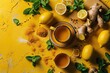 © neirfy - Healthy organic vegan immunity booster, herbal drink, antioxidant anti-inflammatory ginger lemon tea with ingredient - fresh ginger, lemon, mint, yellow background with copy space