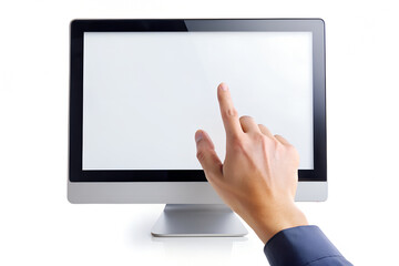 close-up hand touching white screen tablet or monitor isolated on white background