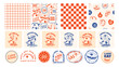 © Foxy Fox - Retro fast food. Cartoon stickers and seamless patterns with groovy food mascot. Comic food characters for cafe menu. Patches taco, hot dog and burger. Vector templates