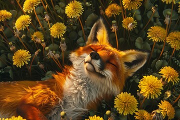 Wall Mural - fox lying in a field of dandelions and looking at the sky, summer
