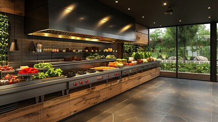Modern restaurant kitchen with stainless steel appliances and wood accents.
