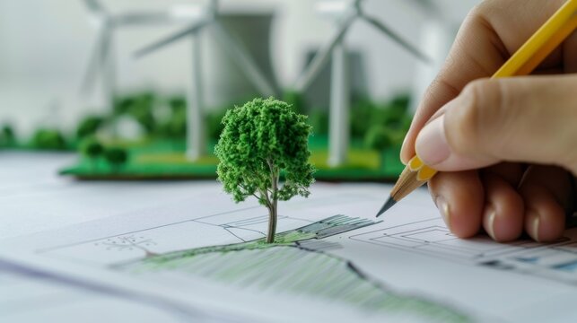 Draw green city on paper，Hand-Drawn Sustainable Urban Landscape with Wind Turbines on a Graph Chart Background