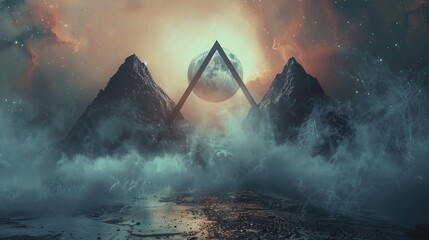 Abstract fantasy triangle space landscape. Star nebulae, month and moon, mountains, fog. Unreal fantasy world
