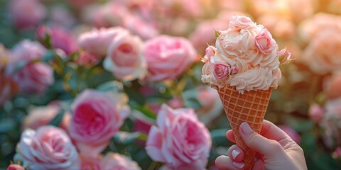 Wall Mural - pink roses icecream waffle cone concept, ai