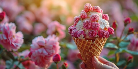 Wall Mural - pink roses icecream waffle cone concept, ai