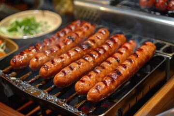 Poster - grilled sausages grilled sausages Closeup BBQ with fiery sausages on the grill