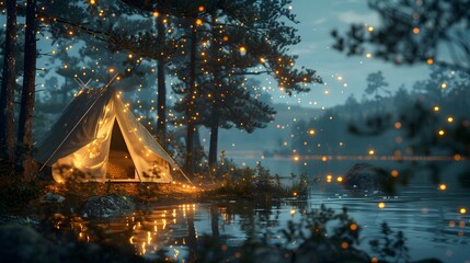A camping tent illuminated in the style of fairy lights, nestled in the serene setting of nature with a lake and trees visible behind it.