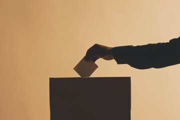 Silhouette of a hand putting a voting ballot into the voting box on beige background. Concept of legislative election, federal elections 2024