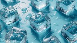 A closeup of ice cubes on light blue background, showcasing their crisp and refreshing appearance. creating an atmosphere that evokes coolness and freshness.