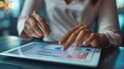 Poster - A businesswoman analyzing financial graphs and charts on a digital tablet, making strategic decisions based on data