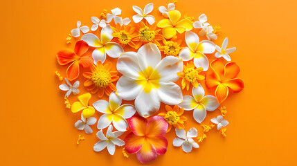Wall Mural - white rangoli ornament made of orange, yellow and white flowers on solid orange background,